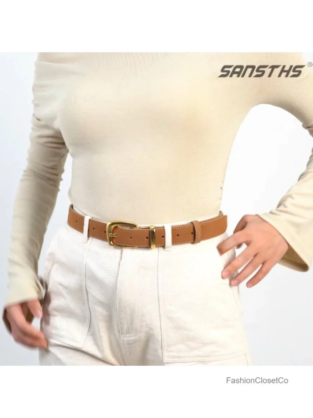 Women's Suede Leather Belt Vintage Gold Buckle Waist Belt